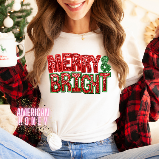 MERRY AND BRIGHT FAUX SEQUIN (THIN MATTE CLEAR FILM SCREEN PRINT)